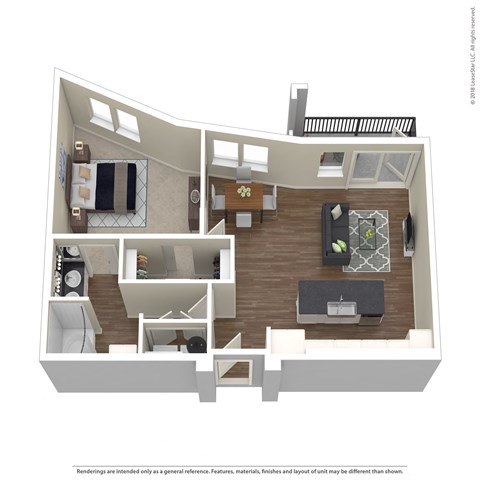 A 3D floor plan of a small apartment with a kitchen, living room, and bedroom.